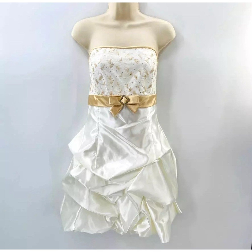 VINTAGE Gunne Sax Strapless Cocktail Dress Sz 1 White Gold Bow Hoco Y2K Coquette